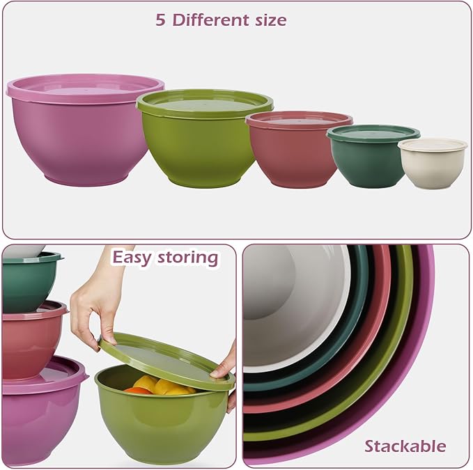 Greentainer Plastic Mixing Bowls with Lids Set for Kitchen, 5 Set Nesting Bowls for Mixing, Baking, Prepping, Cooking and Serving Food, Mixing Bowls Dishwasher, Microwave Safe - Image 6