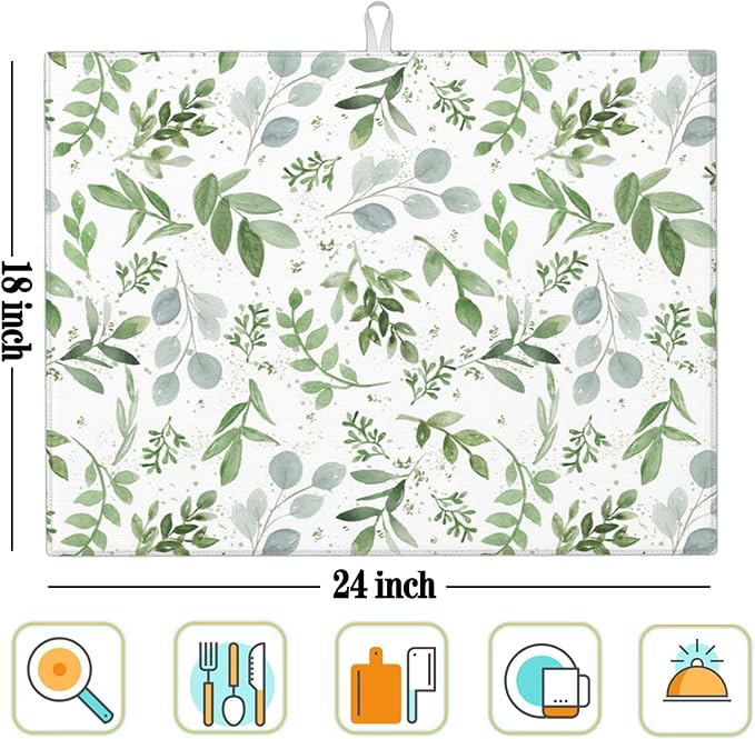 Sage Green Dish Drying Mat for Kitchen Counter Microfiber Absorbent, Spring Dish Draining Mat Aesthetics Kitchen Decor Extra Large 18"x24" (Green, 18x24in) - Image 6