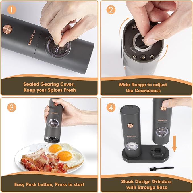 SIMPLETASTE Electric Salt and Pepper Grinder Set with LED Light, Automatic Pepper Mill Shakers with Adjustable Coarseness, One Hand Operation for Kitchen, Dining, Gifting, Space Gray, Battery Operated - Image 5