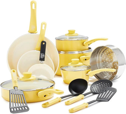 GreenLife 16 Piece Nonstick Cookware Set, Soft Grip Non-Toxic PFAS-Free Ceramic Pots & Pans, Dishwasher & Oven Safe, Frying, Sauce, Saute, Utensils, Glass Lids, Stay-Cool Handles, Wobble Free, Yellow by GreenLife