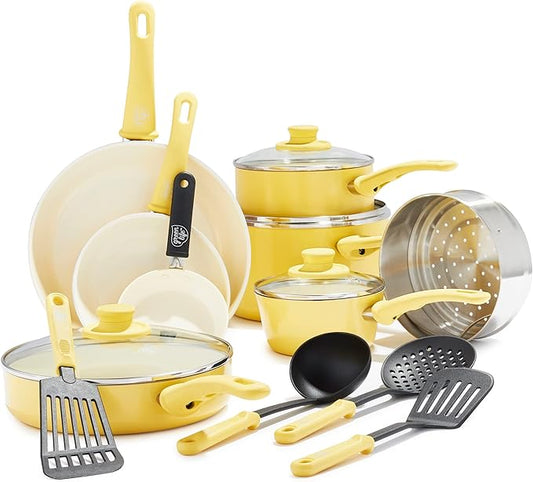 GreenLife 16 Piece Nonstick Cookware Set, Soft Grip Non-Toxic PFAS-Free Ceramic Pots & Pans, Dishwasher & Oven Safe, Frying, Sauce, Saute, Utensils, Glass Lids, Stay-Cool Handles, Wobble Free, Yellow by GreenLife