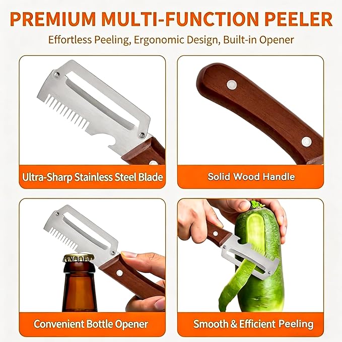 2PCS Multi-Functional Vegetable Peeler for Kitchen with Wooden Handle and Bottle Opener, 3 in 1 Stainless Steel Green Onion Slicer Kitchen Gadgets Tool for Fruit Veggie Potato Pumpkin Apple Carrot - Image 3