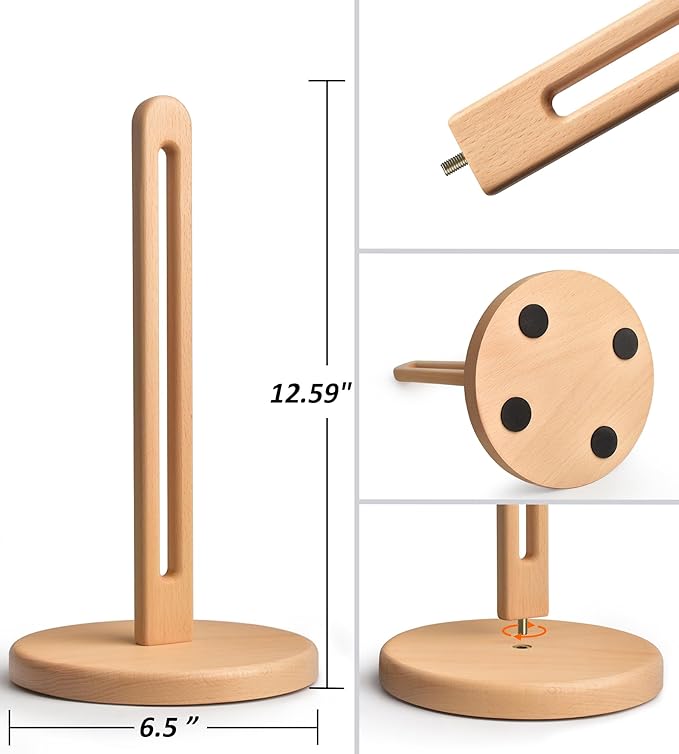 KitchLife Wooden Paper Towel Holder Countertop, 6.5" Jumbo Base, Fits Jumbo Rolls, Large Solid Freestanding Beech Wood Light Wood Paper Towel Dispenser Stand with Non-Slip Base - Image 2