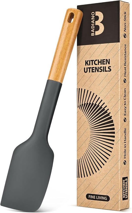 Silicone Heavy-Duty Spatula, Great For Tough Mixing And Stirring, Sturdy Bpa-Free Matte Silicone, Wooden Handle Rubber Scraper For Nonstick Cookwares (GREY)