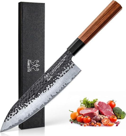 FAMCÜTE 8 Inch Japanese Knife, Hand Forged 5 Layers High Carbon 9CR18MOV Steel Rosewood Handle Chef Knife, Ultra Sharp Durable Professional Kitchen Knife, A Thoughtful Mothers Day Gifts for Mom by FAMC%C3%9CTE