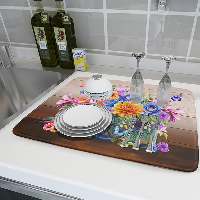 Spring Summer Flowers Dish Drying Mat for Kitchen Counter 18x24in Vintage Colorful Floral Kitchen Drying Mat Soft Absorbent Microfiber Farmhouse Flowers Dish Drainer Rack Mats for Kitchen Countertops