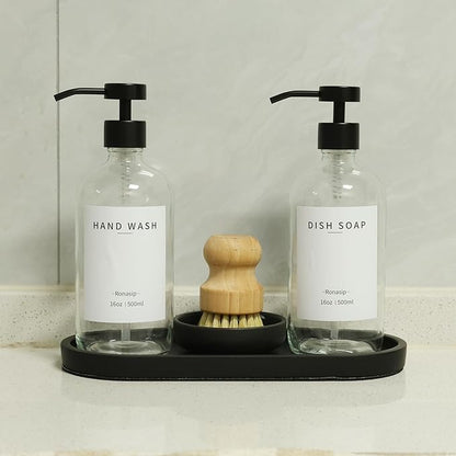 Ronasip Set of 5 Kitchen Soap Dispenser Set 16 Oz Glass Hand Dish Soap Dispenser with Stainless Steel Pump, Cement Tray, Dish Scrub Brush for Farmhouse Rustic Home Bathroom Decor (Transparency)