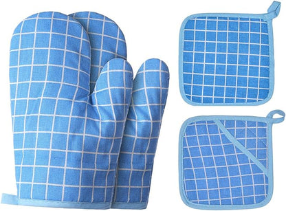 Oven Mitts and Potholders BBQ Gloves-Oven Mitts and Pot Holders with Recycled Infill Silicone Non-Slip Cooking Gloves for Cooking Baking Grilling (4-Piece Set,Blue) by Win+Change
