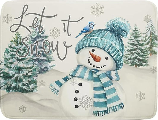 Giwawa Blue Snowman Dish Drying Mat Xmas Trees Bird Winter Snowy Scene Dish Drainer Mats 18"x24" Microfiber Reversible Dish Drying Rack Pad Protector for Kitchen Countertop Decor