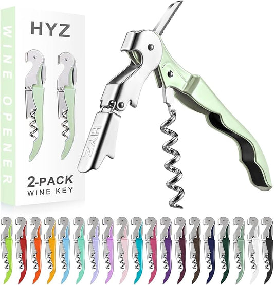 HYZ 2-Pack Wine Opener Waiter Corkscrew, Professional Wine Key for Servers, Bartender with Foil Cutter, Manual Wine Bottle Opener Double Hinged (Matcha Green) by HYZ