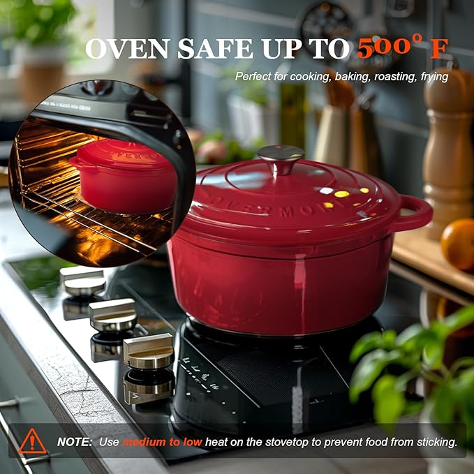 Overmont Enameled Cast Iron Dutch Oven - 4.5QT Pot with Lid Cookbook & Cotton Potholders - Heavy-Duty Cookware for Braising, Stews, Roasting, Sourdough Baking red - Image 4