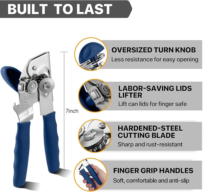Can Opener Manual Heavy Duty, UHIYEE Hand Held Can Openers for Seniors with Comfort Grip Sharp Blade, Solid Steel Hand Manual Can Open with Magnet for Kitchen Camping, Blue - Image 2