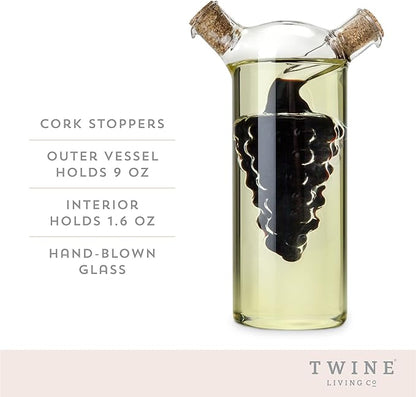 Twine 2-In-1 Oil and Vinegar Cruet Bottle with Cork Stoppers, Olive Oil and Balsamic Vinegar Dispenser, Hand Blown Glass, Pack of 1