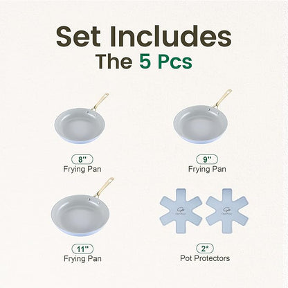 Chef Power Ceramic Frying Pan with Stainless Steel handle 5Pcs Set, Non Stick Grill Pan Set, Dishwasher and Oven Safe, Light Blue and Granite Grey