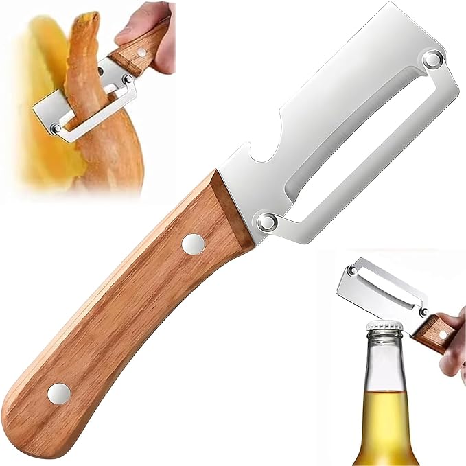NEW Premium Vegetable Peeler with Wooden Handle and Bottle Opener: 2-in-1 Stainless Steel Kitchen Tool for Fruit Apple Potato Pumpkin Papaya (1Pcs) by Unknown