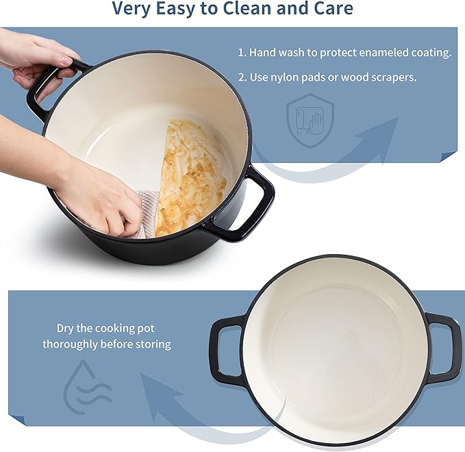 Velaze 6 QT Enameled Cast Iron Dutch Oven, Dual Handles Dutch Oven Pot with Lid,Heavy-Duty Non-stick Round Dutch Oven for Bread Baking, Stewing, Roasting, Good Sealing for All Heat Source (BLACK) - Image 5