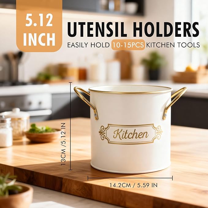 Kitchen Utensil Holder, 5.1" Metal Cooking Utensil Crock with with Removable Divider, Modern Farmhouse Kitchen Decor, Countertop Utensil Organizer for Spoons Cooking Tools