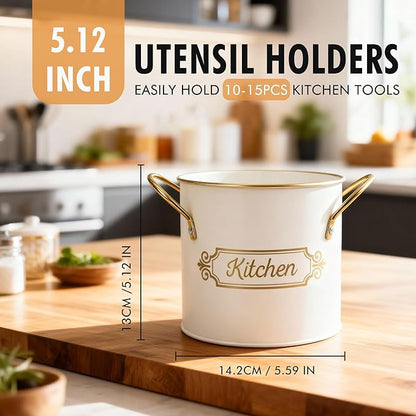 Kitchen Utensil Holder, 5.1" Metal Cooking Utensil Crock with with Removable Divider, Modern Farmhouse Kitchen Decor, Countertop Utensil Organizer for Spoons Cooking Tools