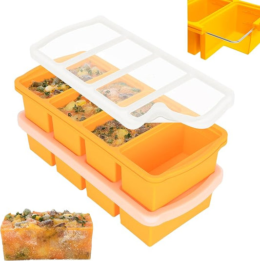 ZIP STANDING Silicone Freezer Trays with Lid,1-cup Soup Freezer Container large Ice Cube Molds with Reinforced Steel Ring Top for freezing Soup Sauce Broth Leftovers oven Dishwasher -Safe(2-Pack)
