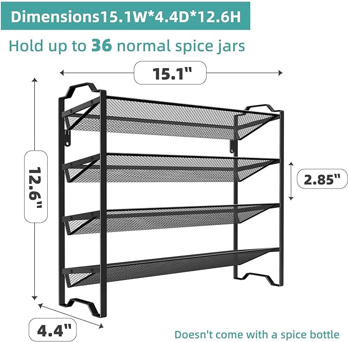 Simple Trending 2 Pack 4 Tier Spice Rack Organizer,Stackable Kitchen Counter Shelves,for Cabinet,Countertop,Pantry, Door or Wall Mount, Metal Mesh,Jars not Included, Black - Image 2