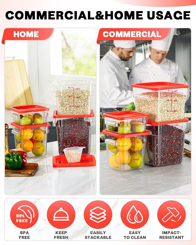 4QT NSF Food Storage Containers: 8 PCS [Food Grade][Hot&Cold Resistant] Commercial Clear Food Storage Containers with Lids for Restaurant Kitchen Proof Dough, Measuring Spoons Included(BPA FREE) - Image 5