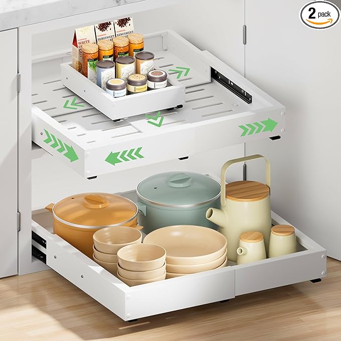 2 Pack Pull out Cabinet Organizer, Width (12"-19") Depth (17"-23"), with 3 Rails Adjustable Slide, Expandable Pullout Drawers for Cabinets, No Drill Adhesive Kitchen Drawers for Pantry Shelves by BUFOR