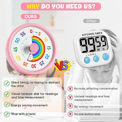 HIPPIH Visual Timer for Kids, 60 Minute Countdown Timers for Classroom Kitchen Office, Rainbow Disk Desk Timer Clock with Silent Operation, Pomodoro Timer Time Management Tools for Toddler ADHD Pink