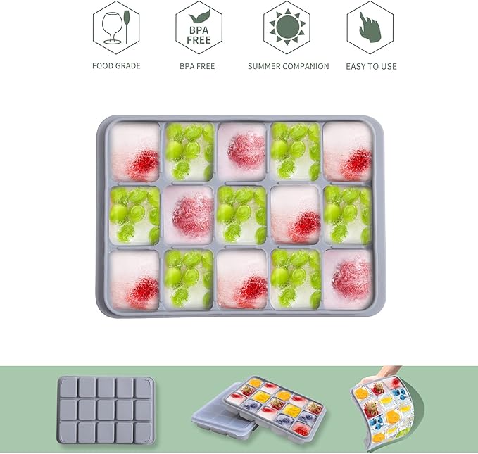 Ice Cube Trays Set of 2, Easy Release 15 Flexible Silicone Ice Cube Molds with Removable Lid Reusable Freezer Ice Trays Stackable for Whiskey, Baby Food, BPA Free (SNOW GRAY) - Image 3