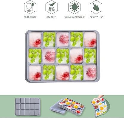 Ice Cube Trays Set of 2, Easy Release 15 Flexible Silicone Ice Cube Molds with Removable Lid Reusable Freezer Ice Trays Stackable for Whiskey, Baby Food, BPA Free (SNOW GRAY) - Image 3