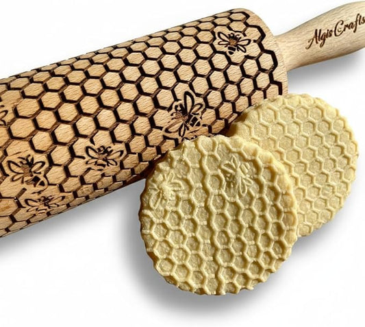 BEEHIVE Embossing Rolling Pin with Pattern. Laser Engraved Embossing Dough Roller for Homemade Cookies and Pottery by Algis Crafts