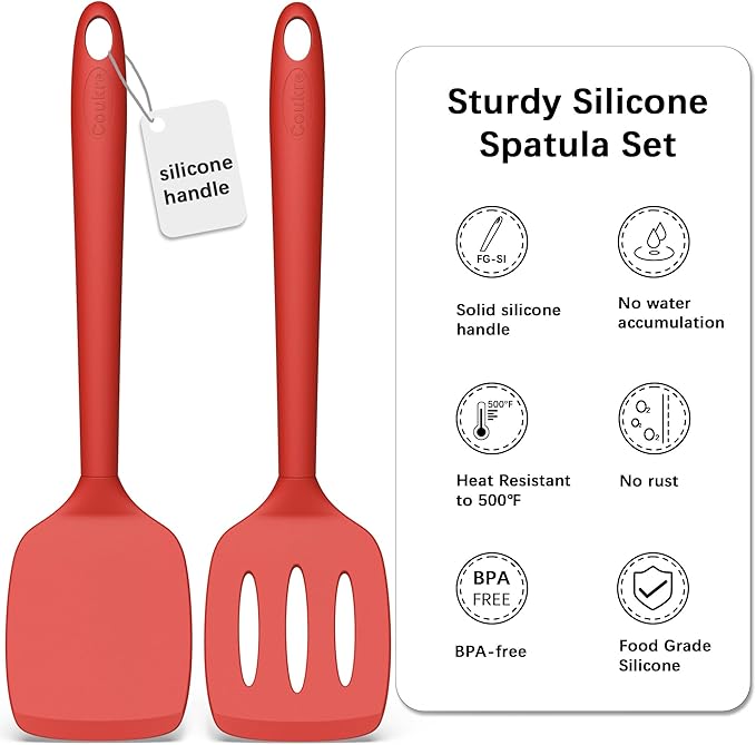 Coukre 2 Pack Silicone Spatula Set, High Heat Resistant, BPA Free Kitchen Spatula, Solid & Slotted Turner for Non-Stick Pans, Sautéing, and Flipping (2, PureRed) - Image 3