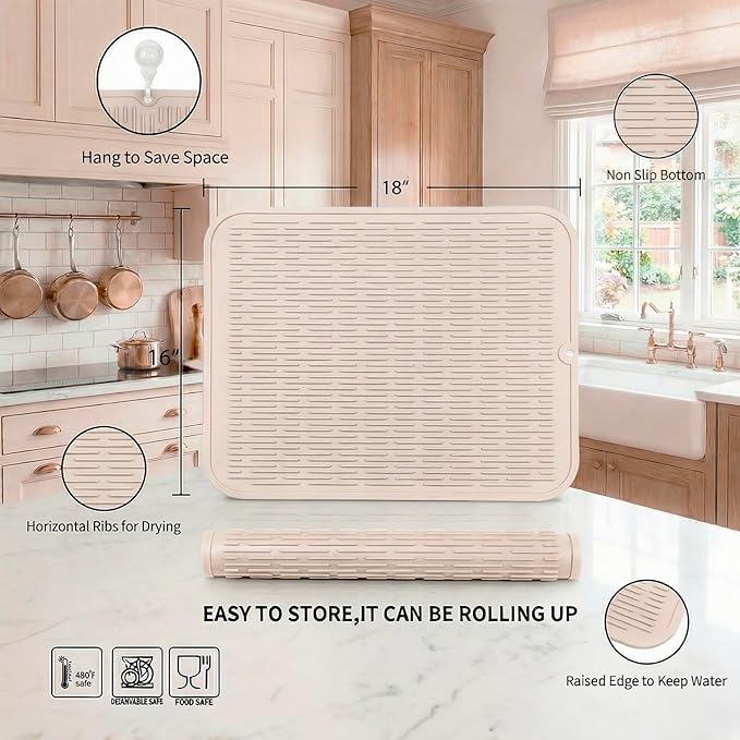 MicoYang Silicone Dish Drying Mat for Multiple Usage,Easy clean,Eco-friendly,Heat-resistant Silicone Mat for Kitchen Counter or Sink,Refrigerator or Drawer Liner Tapioca XL 18 inches x 16 inches - Image 2