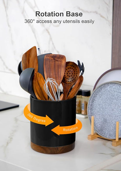 Nucookery 360°Rotating Utensil Holder, 7.2" Large Utensil Crock, White Ceramic Cooking Utensil Organizer,Farmhouse Kitchen Decor Christmas Thanksgiving Gift (Black) - Image 3