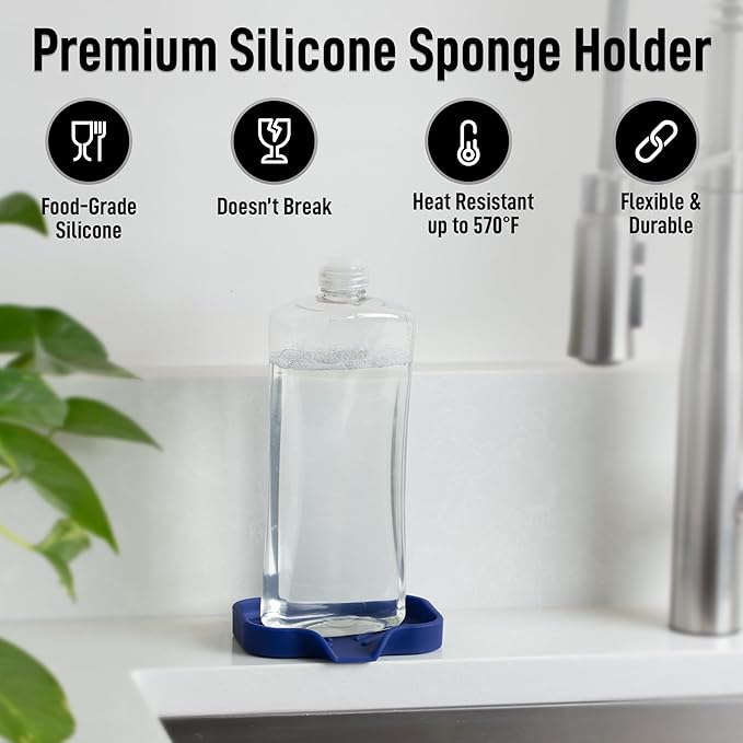 Zulay Kitchen Small Silicone Sponge Holder (4.9x3.3”) – Space-Saving Sink Organizer Tray for Sponge, Soap, Brush & More – Compact Non-Slip Dish for Kitchen & Bathroom (Dark Blue) - Image 2