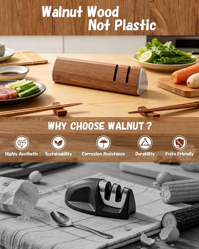PAUDIN Walnut Knife Sharpener – 2-Stage Sharpening for Dull Knives, Safe for High-Carbon Steel Blades, Easy to Use – No Water, No Mess, One-Pull Sharpening, Kitchen Sharpener for Knives and Scissors
