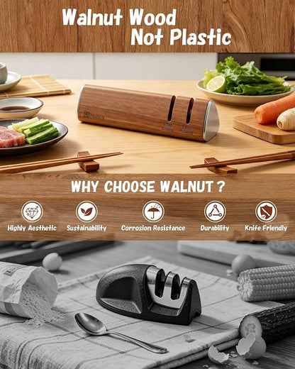 PAUDIN Walnut Knife Sharpener – 2-Stage Sharpening for Dull Knives, Safe for High-Carbon Steel Blades, Easy to Use – No Water, No Mess, One-Pull Sharpening, Kitchen Sharpener for Knives and Scissors