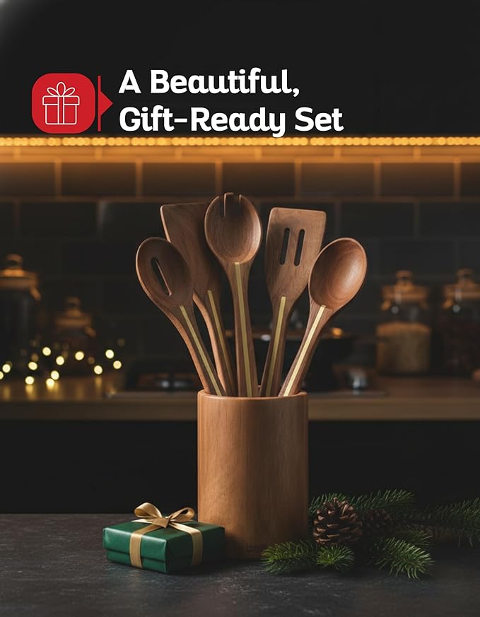Acacia Utensil Set of 5 with Holder – Premium Wooden Cooking Utensils, Eco Friendly Acacia Wood Spatula & Spoon Set, Nonstick Safe Kitchen Tools - Image 5