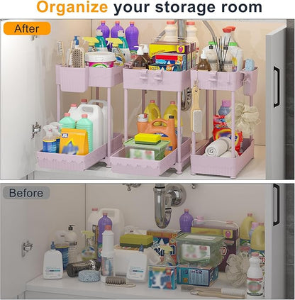 Sevenblue 3 Pack Under Sink Organizers, 2-Tier Multi-Use Kitchen and Bathroom Organizers and Storage with Sliding Drawers, Bathroom Cabinet Organizer (Pink, 14.8 Inch) - Image 4