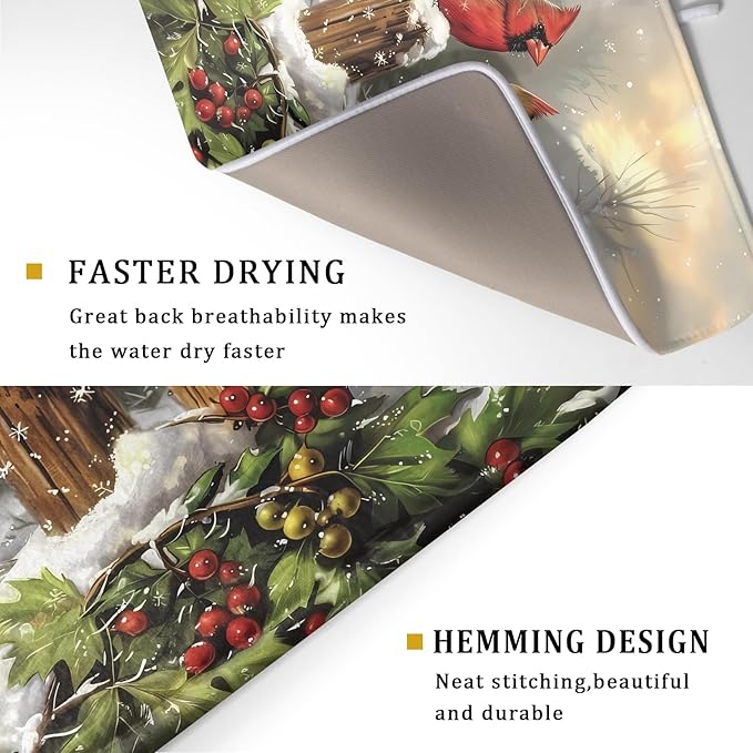 Winter Dish Drying Mat for Kitchen Counter 18x24 Inch Red Birds Cardinal Tree Christmas Theme Print Absorbent Reversible Microfiber Drying Mats Kitchen Countertop Protector Dishes Drainer Rack Pad - Image 3