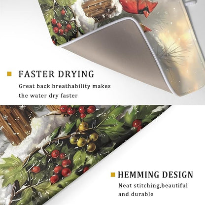 Winter Dish Drying Mat for Kitchen Counter 18x24 Inch Red Birds Cardinal Tree Christmas Theme Print Absorbent Reversible Microfiber Drying Mats Kitchen Countertop Protector Dishes Drainer Rack Pad - Image 3