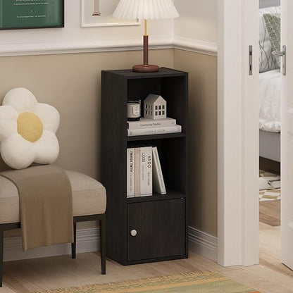 Furinno LUDER Book Shelf, 3-Tier Modern Bookshelf, Bookcase with 1 Door Storage Cabinet, 9.3 x 12 x 31.5, for Organization and Storage, for Living Room, Bedroom, Home Office, Blackwood - Image 2