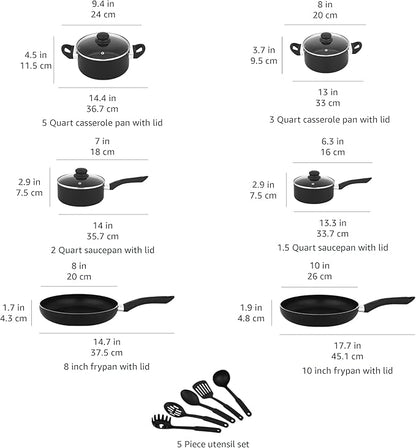 Amazon Basics Non-Stick Kitchen Cookware 15-Piece Set with Stay-Cool Handles, Even Heating, Non-Induction, Includes Pots, Pans, and Utensils, Black - Image 4