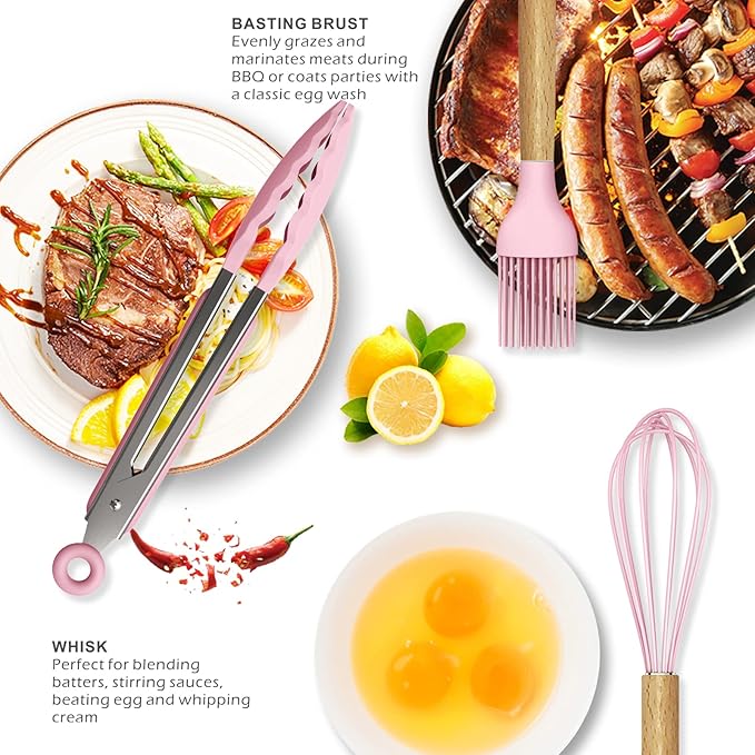 Silicone Kitchen Utensils Set - 446°F Heat Resistant Cooking Utensil Sets, Spatula,Turner,Tongs,Spoon,Brush,Whisk, Wooden Handle Silicone Kitchen Gadgets Tools for Non-Stick Cookware BPA Free (Pink) - Image 4