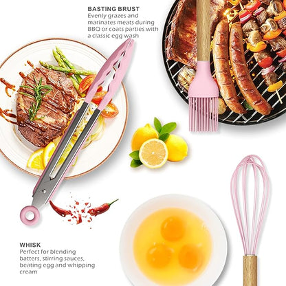 Silicone Kitchen Utensils Set - 446°F Heat Resistant Cooking Utensil Sets, Spatula,Turner,Tongs,Spoon,Brush,Whisk, Wooden Handle Silicone Kitchen Gadgets Tools for Non-Stick Cookware BPA Free (Pink) - Image 4