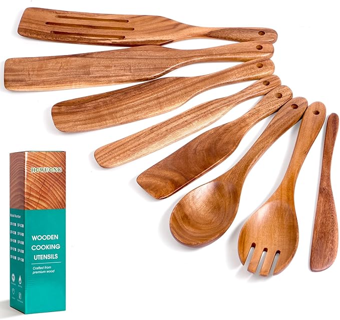 HOWHONG Wooden Spatula Spurtle Set for Cooking, Acacia Wood Kitchen Utensils, Premium Handmade Spurtles for Nonstick Cookware, Heat Resistant, Smooth Finish, Comfortable Grip, 8 Piece by HOWHONG