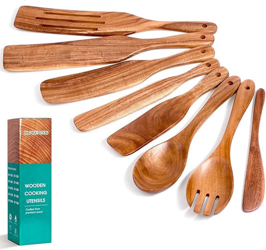 HOWHONG Wooden Spatula Spurtle Set for Cooking, Acacia Wood Kitchen Utensils, Premium Handmade Spurtles for Nonstick Cookware, Heat Resistant, Smooth Finish, Comfortable Grip, 8 Piece by HOWHONG