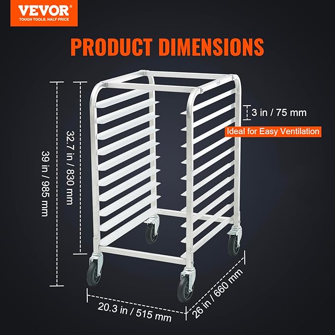 VEVOR 10-Tier Bun Pan Rack, Aluminum Racking Trolley Storage with Brake Wheels, Commercial Bakery Racks for Half & Full Sheet, Speed Rack For Kitchen Home, Bread Baking Equipment, 26"L x 20.3"W x 39"H - Image 2