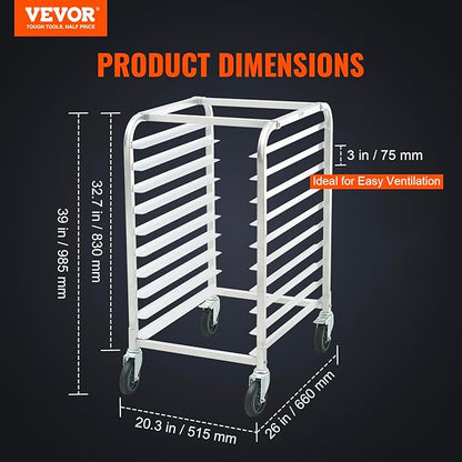 VEVOR 10-Tier Bun Pan Rack, Aluminum Racking Trolley Storage with Brake Wheels, Commercial Bakery Racks for Half & Full Sheet, Speed Rack For Kitchen Home, Bread Baking Equipment, 26"L x 20.3"W x 39"H - Image 2