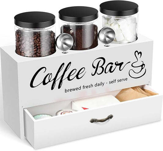 3 Pcs Coffee Canister Set with Shelf and Spoon Plastic Coffee Bean Storage Container with Lids Coffee Storage Box with Drawer Food Storage Jars for Coffee Bar Kitchen (White)