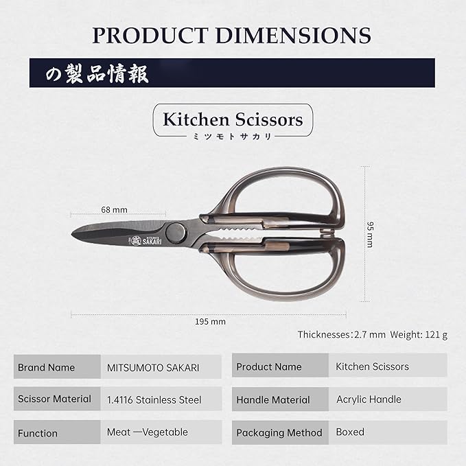 MITSUMOTO SAKARI Japanese Kitchen Scissors, Heavy Duty Detachable Stainless Steel Kitchen Shears with Titanium-Plated Blades, Clear Acrylic Handles for Meat, Fish, Nuts & Vegetables - Image 3